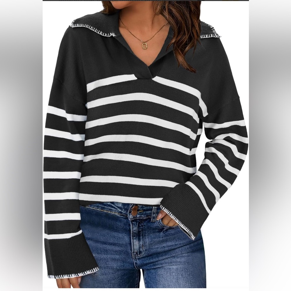 NWT Bloggerlove V Neck Navy Striped Sweaters Oversized Collared Long Sleeve, L